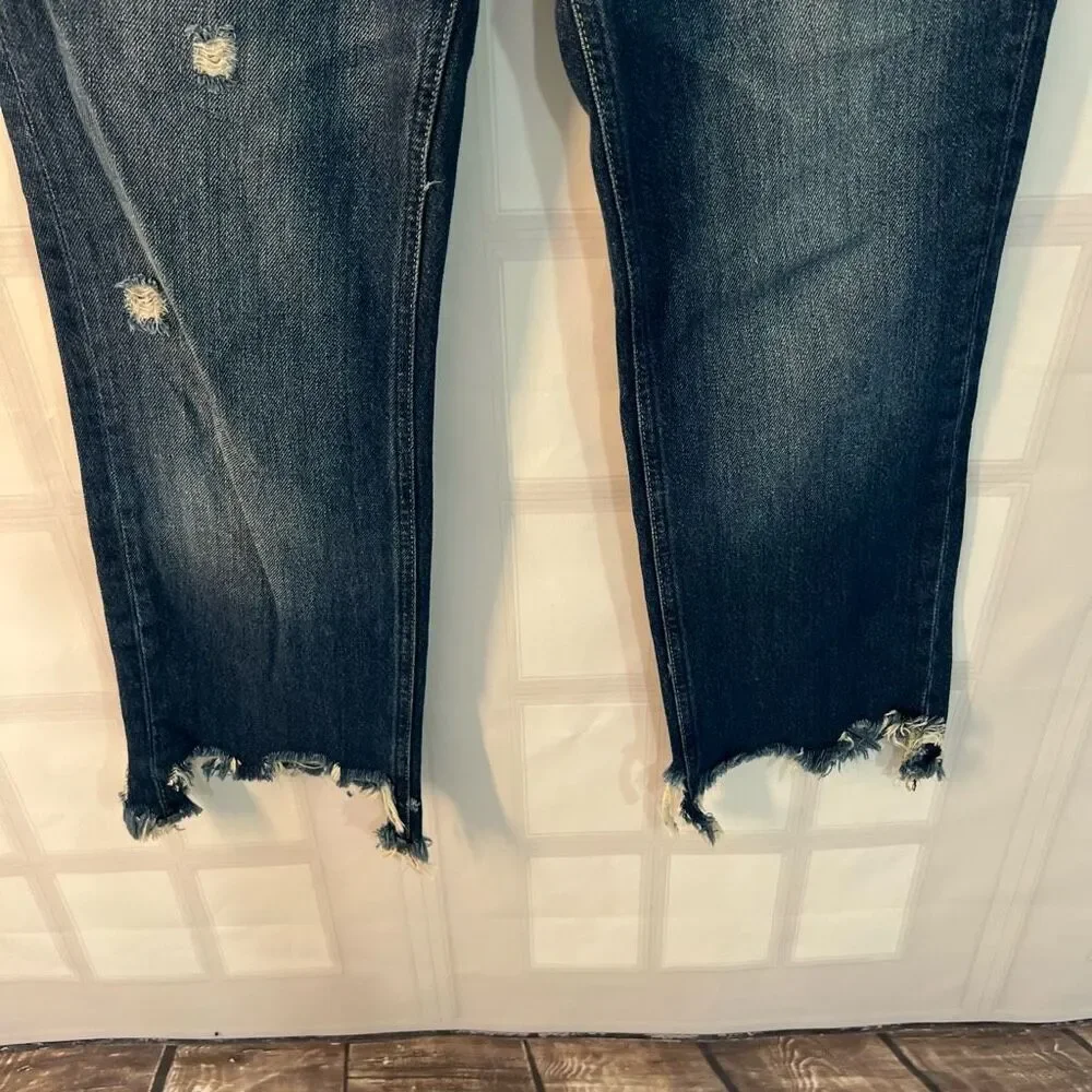 Free People Blue Maggie Whiskered Faded Cotton Cropped Raw Hem Jeans Size 26